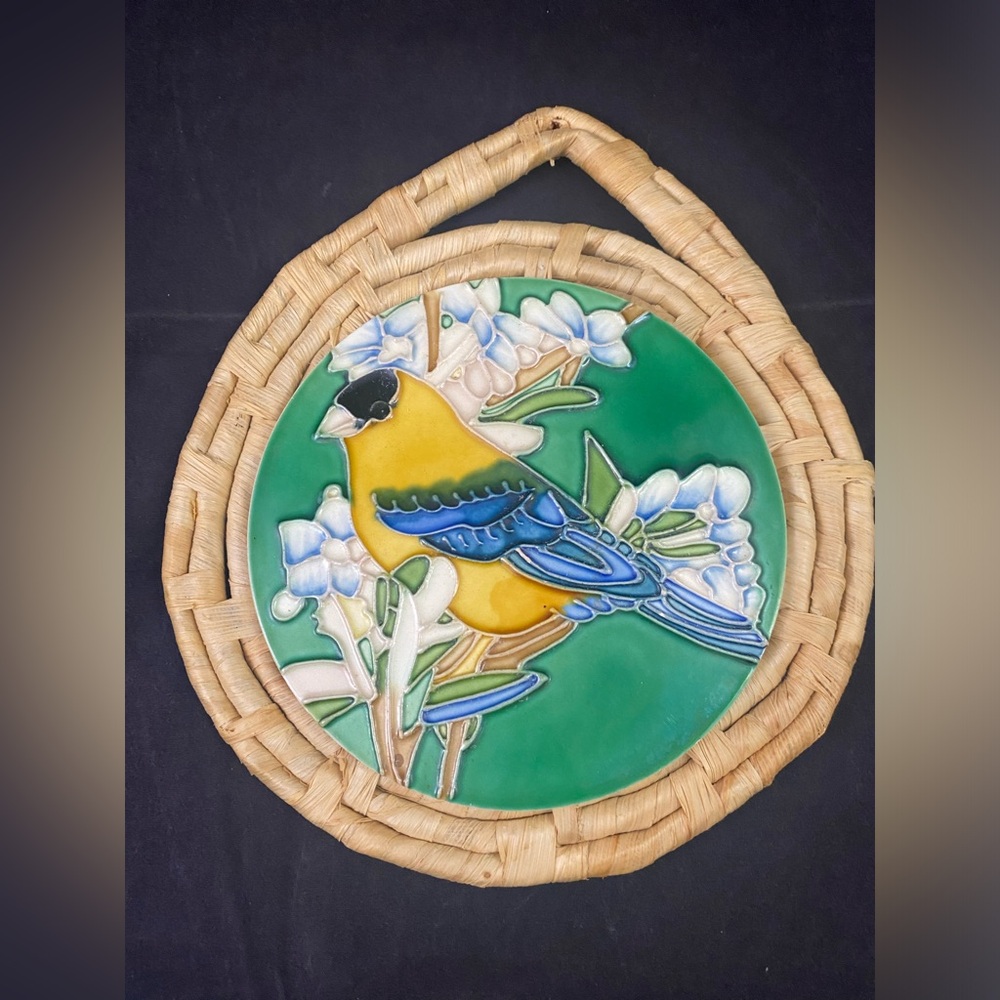 Hanging Goldfinch Bird Floral Tile Art Trivet on Rattan Vibrant Colors